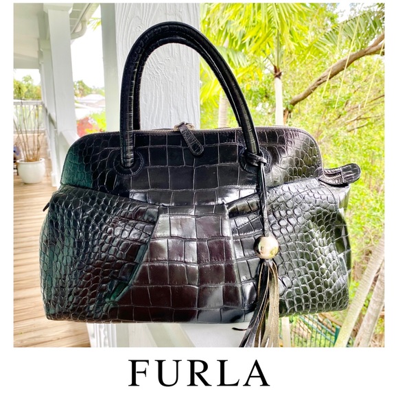 Furla Handbags - Furla Black Moc Croc XL Satchel EUC